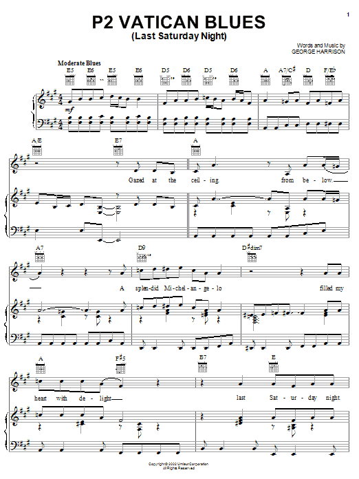 Learn to play George Harrison P2 Vatican Blues (Last Saturday Night) sheet music for Piano, Vocal & Guitar Chords (Right-Hand Melody) in minutes. Price: 7.8900$ George Harrison P2 Vatican Blues (Last Saturday Night) sheet music notes and chords arranged for Piano, Vocal & Guitar Chords (Right-Hand Melody)