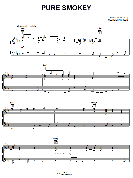 Learn to play George Harrison Pure Smokey sheet music for Piano, Vocal & Guitar Chords (Right-Hand Melody) in minutes. Price: 7.8900$ George Harrison Pure Smokey sheet music notes and chords arranged for Piano, Vocal & Guitar Chords (Right-Hand Melody)