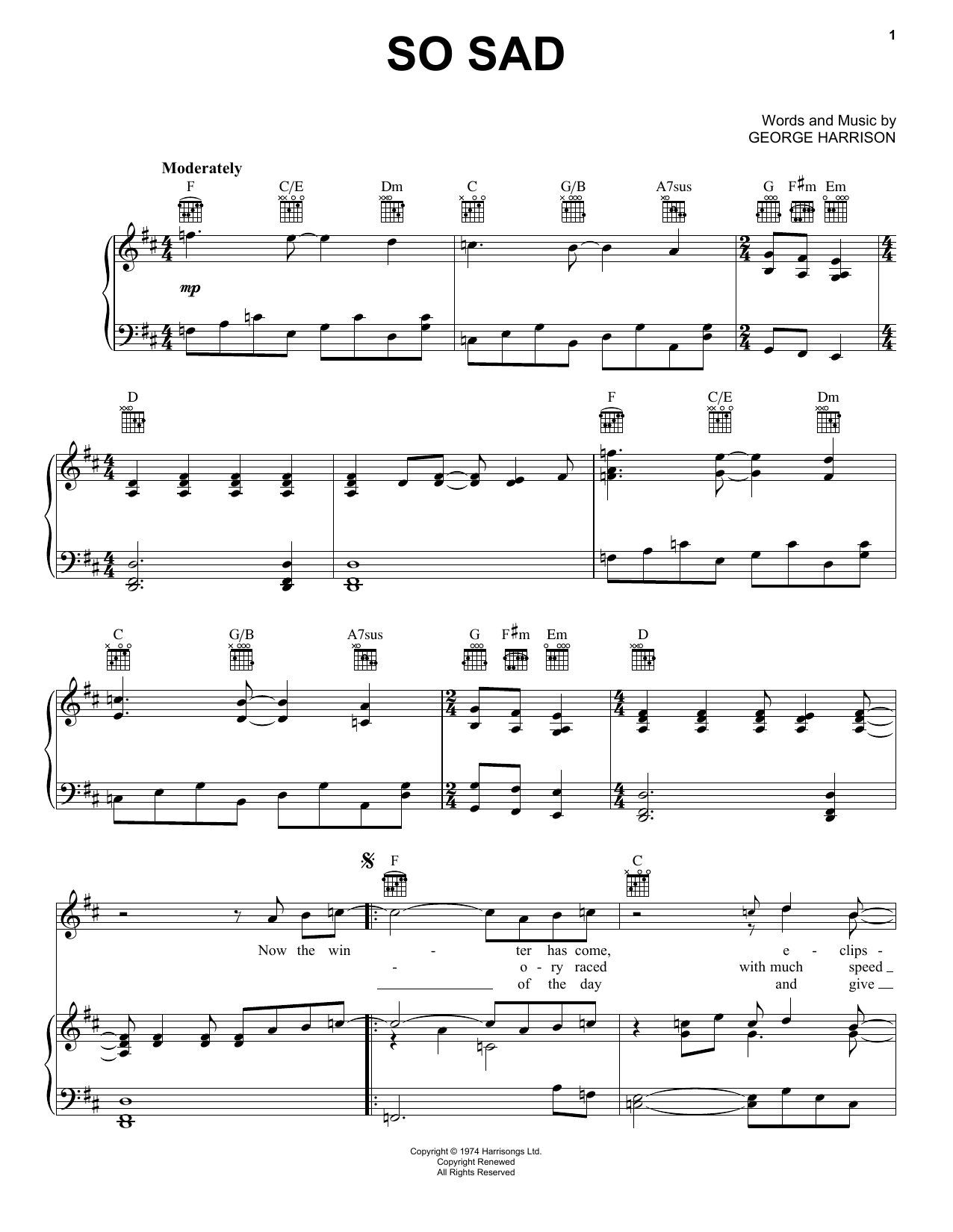 Learn to play George Harrison So Sad sheet music for Piano, Vocal & Guitar Chords (Right-Hand Melody) in minutes. Price: 7.8900$ George Harrison So Sad sheet music notes and chords arranged for Piano, Vocal & Guitar Chords (Right-Hand Melody)