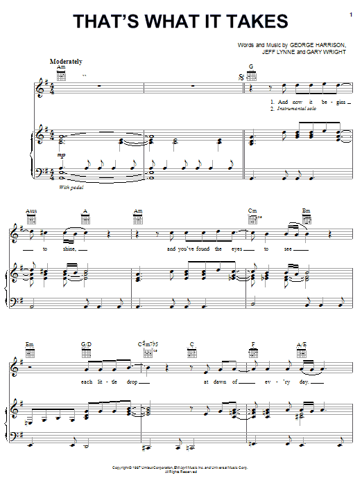 Learn to play George Harrison That's What It Takes sheet music for Piano, Vocal & Guitar Chords (Right-Hand Melody) in minutes. Price: 7.8900$ George Harrison That's What It Takes sheet music notes and chords arranged for Piano, Vocal & Guitar Chords (Right-Hand Melody)