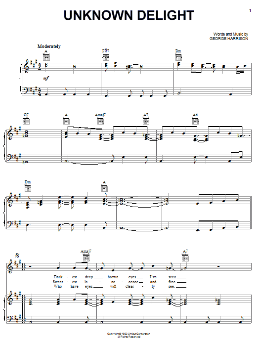 Learn to play George Harrison Unknown Delight sheet music for Piano, Vocal & Guitar Chords (Right-Hand Melody) in minutes. Price: 7.8900$ George Harrison Unknown Delight sheet music notes and chords arranged for Piano, Vocal & Guitar Chords (Right-Hand Melody)