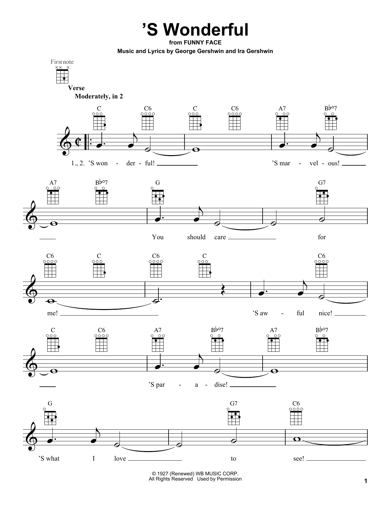 Learn to play George Gershwin 'S Wonderful sheet music for Ukulele in minutes. Price: 5.9900$ George Gershwin 'S Wonderful sheet music notes and chords arranged for Ukulele