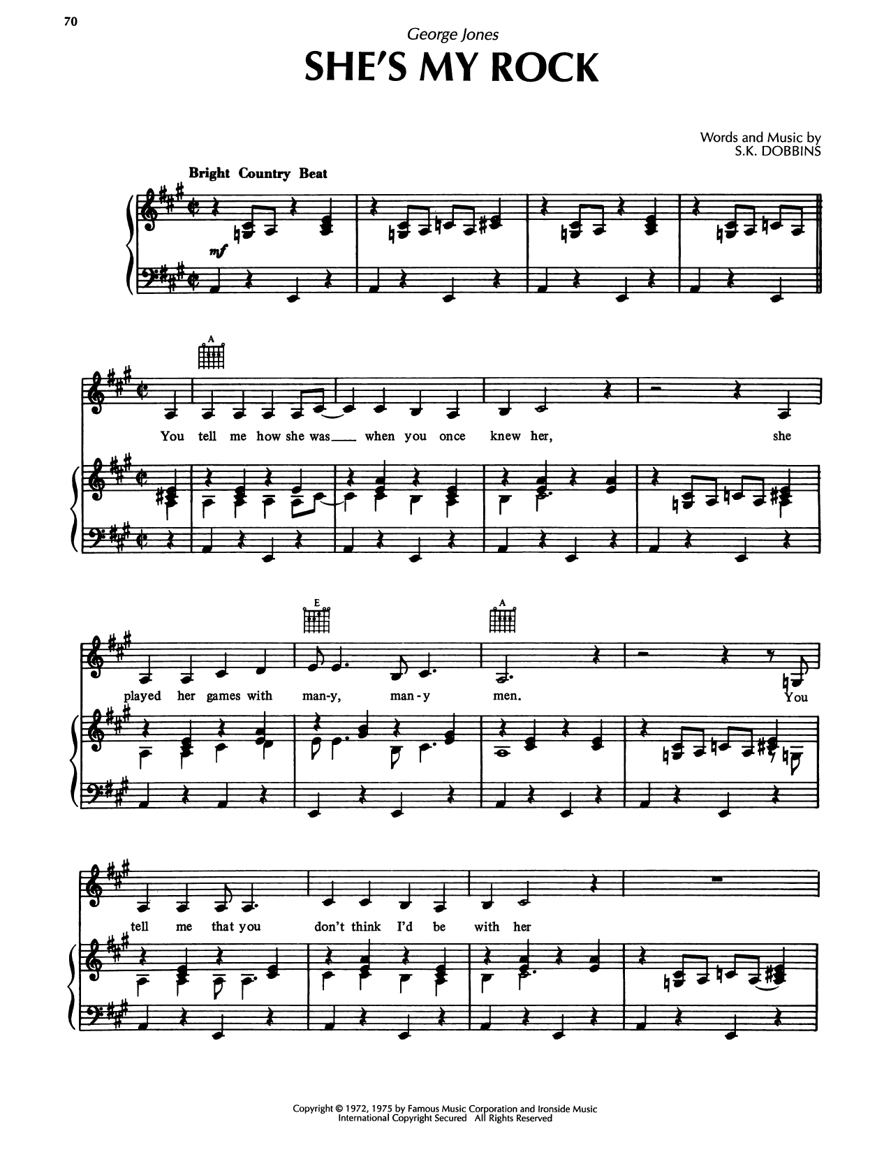 Learn to play George Jones She's My Rock sheet music for Piano, Vocal & Guitar Chords (Right-Hand Melody) in minutes. Price: 7.8900$ George Jones She's My Rock sheet music notes and chords arranged for Piano, Vocal & Guitar Chords (Right-Hand Melody)