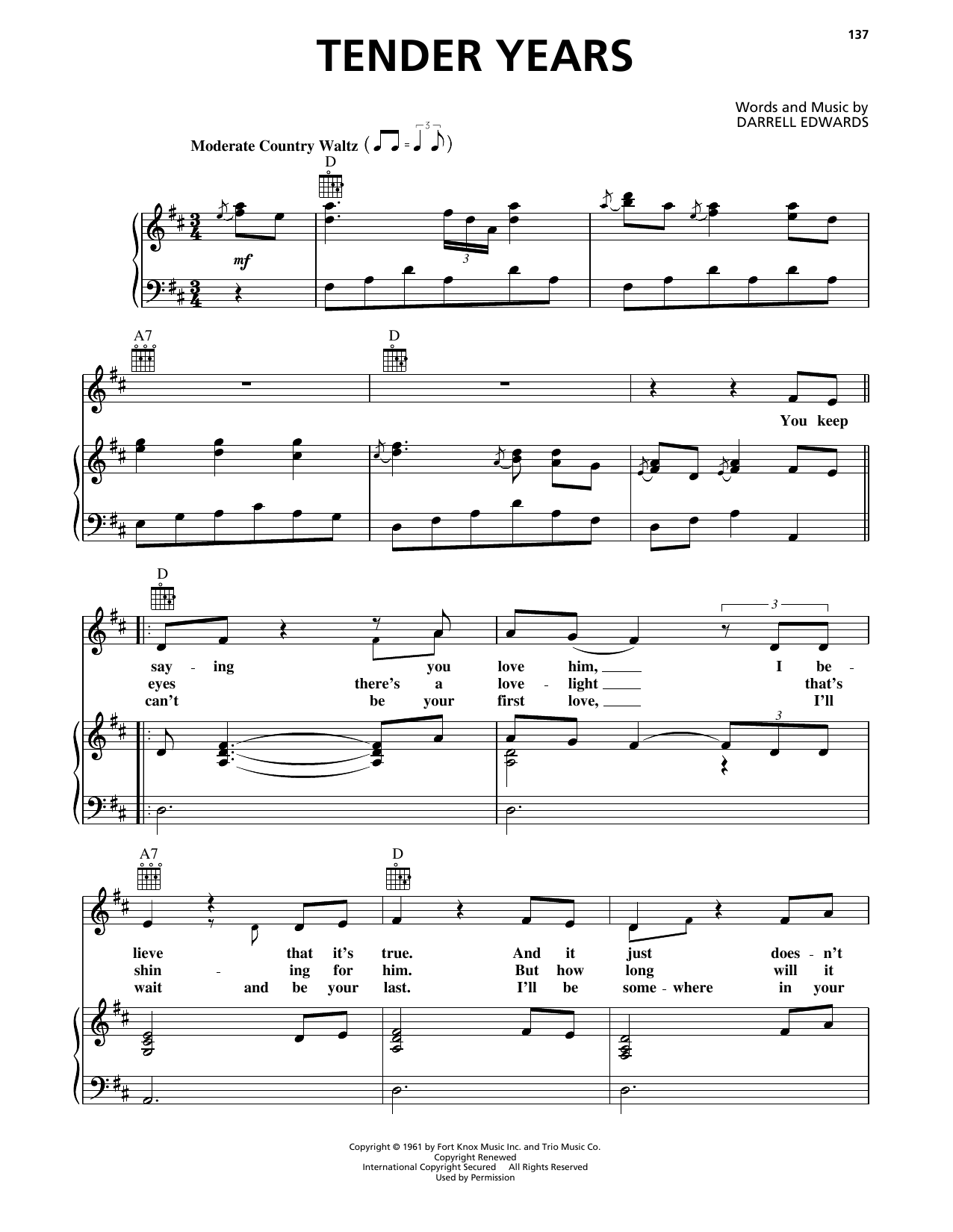 George Jones Tender Years sheet music notes and chords arranged for Piano, Vocal & Guitar Chords (Right-Hand Melody)