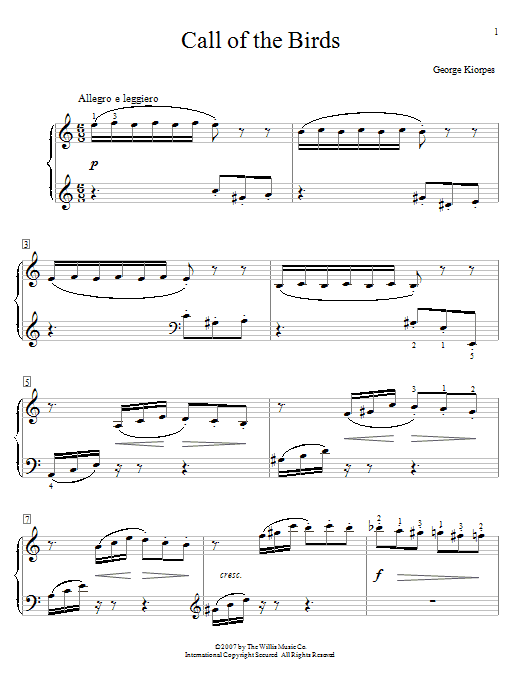 Learn to play George Kiorpes Call Of The Birds sheet music for Educational Piano in minutes. Price: 6.9900$ George Kiorpes Call Of The Birds sheet music notes and chords arranged for Educational Piano