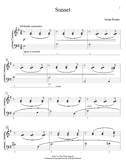 Learn to play George Kiorpes Sunset sheet music for Educational Piano in minutes. Price: 6.9900$ George Kiorpes Sunset sheet music notes and chords arranged for Educational Piano