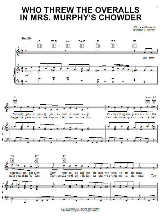 George L. Giefer Who Threw The Overalls In Mrs. Murphy's Chowder sheet music notes and chords arranged for Piano, Vocal & Guitar Chords (Right-Hand Melody)