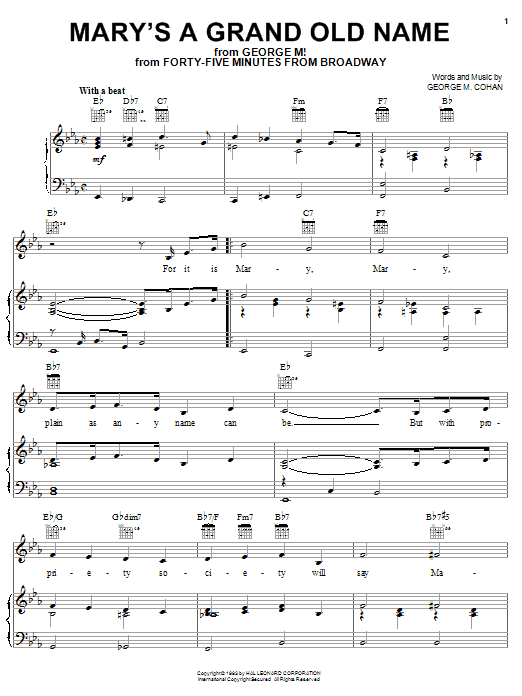 Learn to play George M. Cohan Mary's A Grand Old Name sheet music for Piano, Vocal & Guitar Chords (Right-Hand Melody) in minutes. Price: 7.8900$ George M. Cohan Mary's A Grand Old Name sheet music notes and chords arranged for Piano, Vocal & Guitar Chords (Right-Hand Melody)