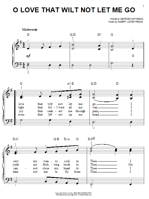 George Matheson O Love That Wilt Not Let Me Go sheet music notes and chords arranged for Easy Piano