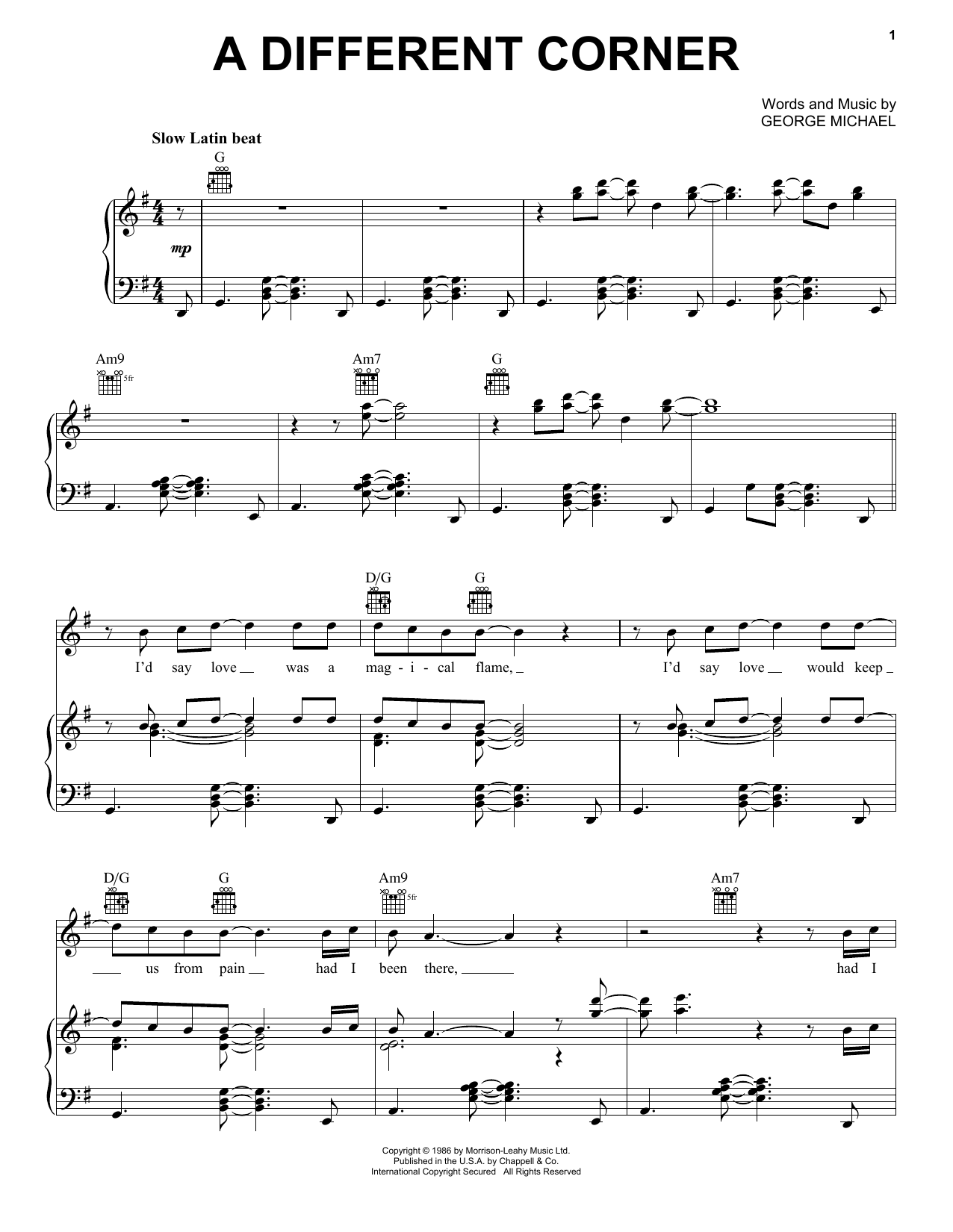 George Michael A Different Corner sheet music notes and chords. Download Printable PDF.