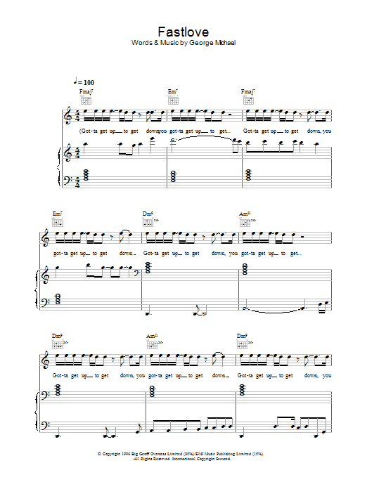 Learn to play George Michael Fastlove sheet music for Piano, Vocal & Guitar Chords in minutes. Price: 7.8900$ George Michael Fastlove sheet music notes and chords arranged for Piano, Vocal & Guitar Chords