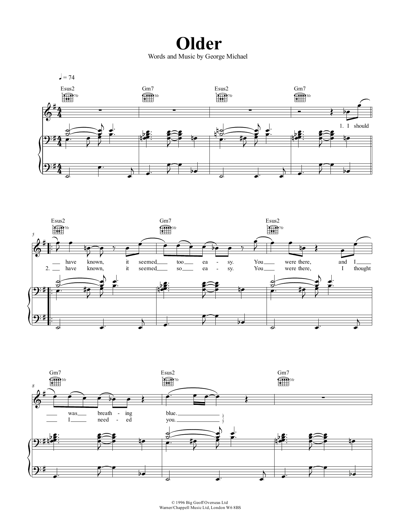 Learn to play George Michael Older sheet music for Piano, Vocal & Guitar Chords (Right-Hand Melody) in minutes. Price: 6.9900$ George Michael Older sheet music notes and chords arranged for Piano, Vocal & Guitar Chords (Right-Hand Melody)
