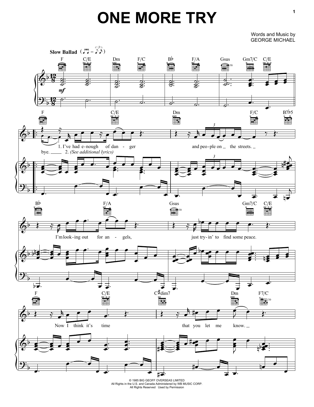 George Michael One More Try sheet music notes and chords. Download Printable PDF.