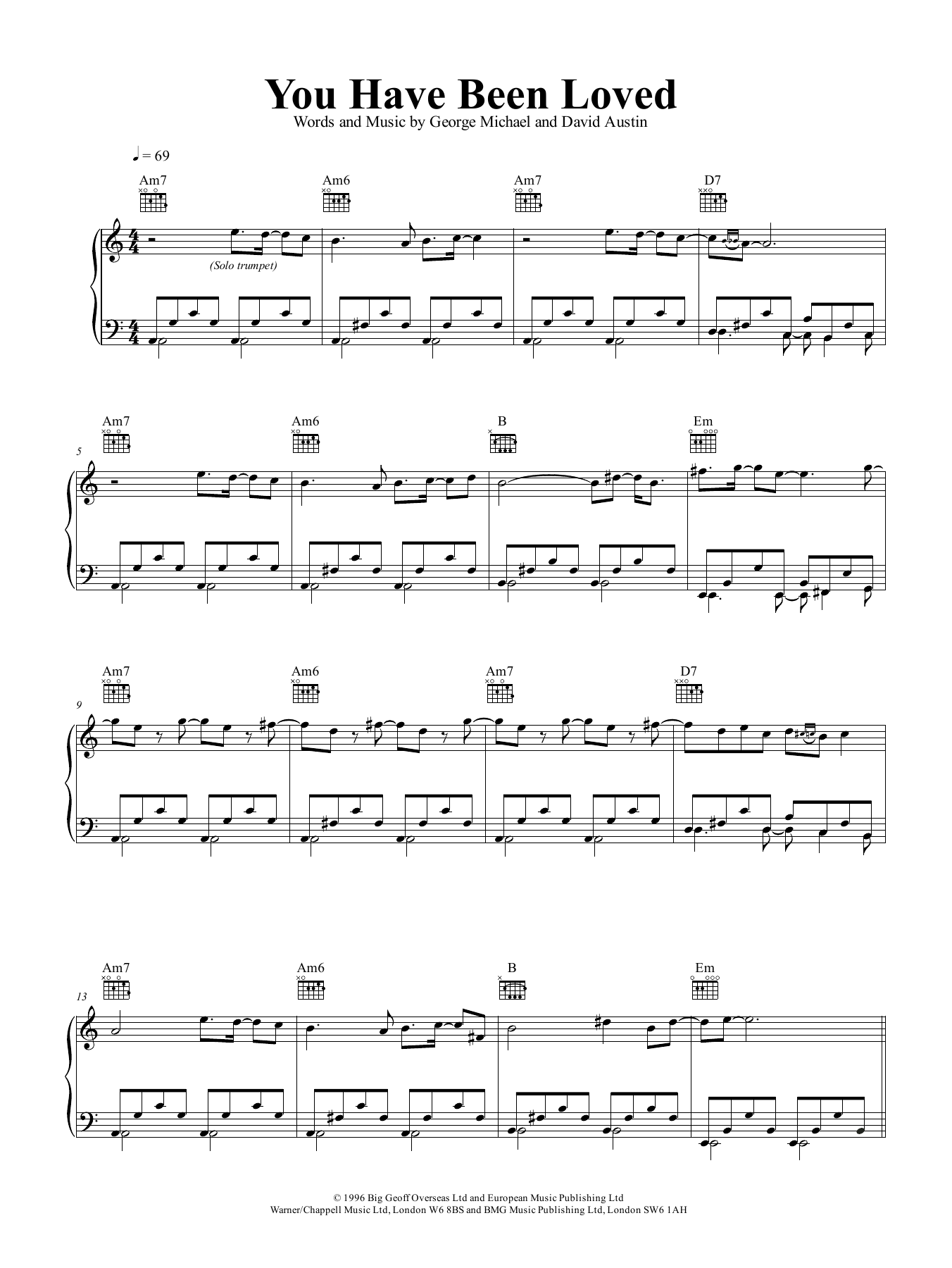 George Michael You Have Been Loved sheet music notes and chords arranged for Piano, Vocal & Guitar Chords (Right-Hand Melody)