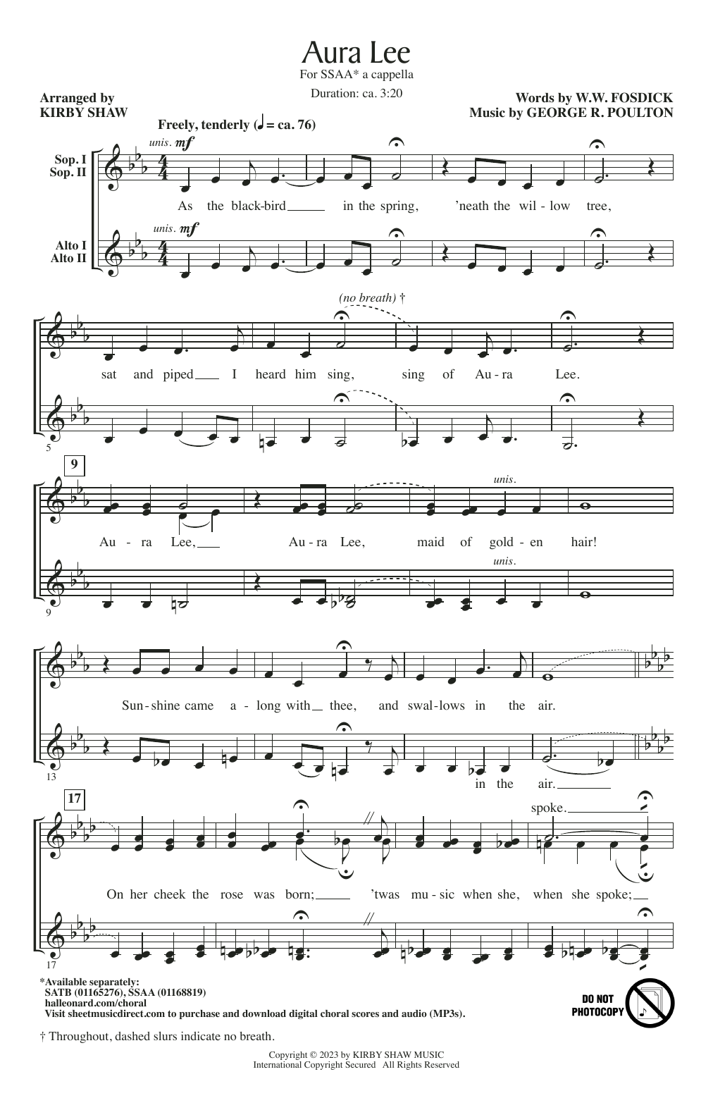 George R. Poulton Aura Lee (arr. Kirby Shaw) sheet music notes and chords arranged for SSAA Choir