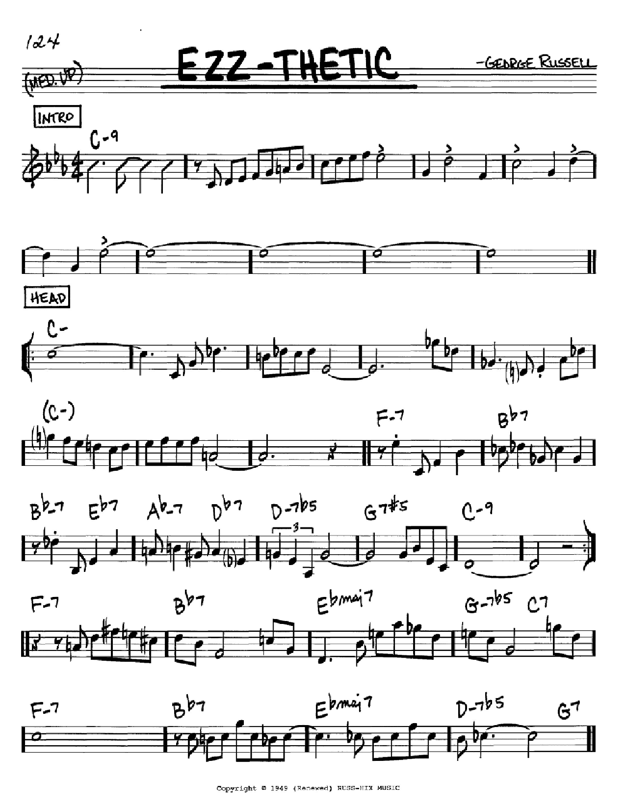 Learn to play George Russell Ezz-thetic sheet music for Real Book – Melody & Chords – C Instruments in minutes. Price: 5.9900$ George Russell Ezz-thetic sheet music notes and chords arranged for Real Book – Melody & Chords – C Instruments