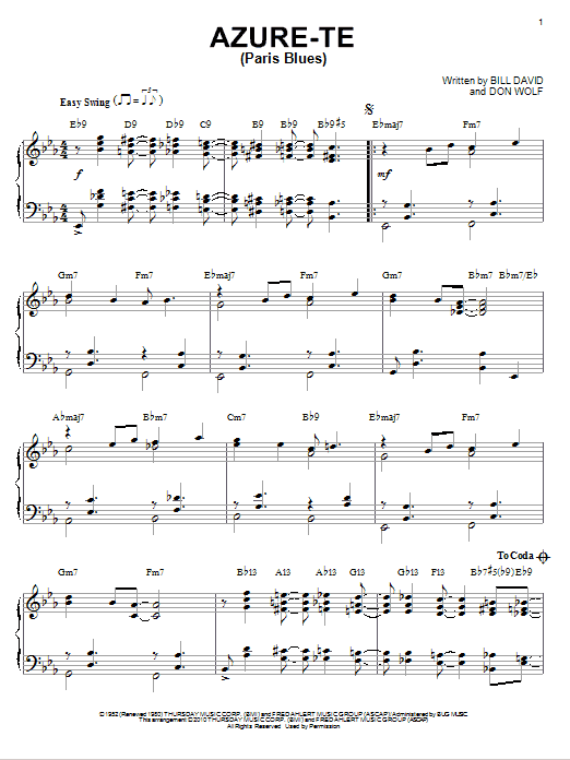 George Shearing Azure-Te (Paris Blues) (arr. Brent Edstrom) sheet music notes and chords arranged for Piano Solo