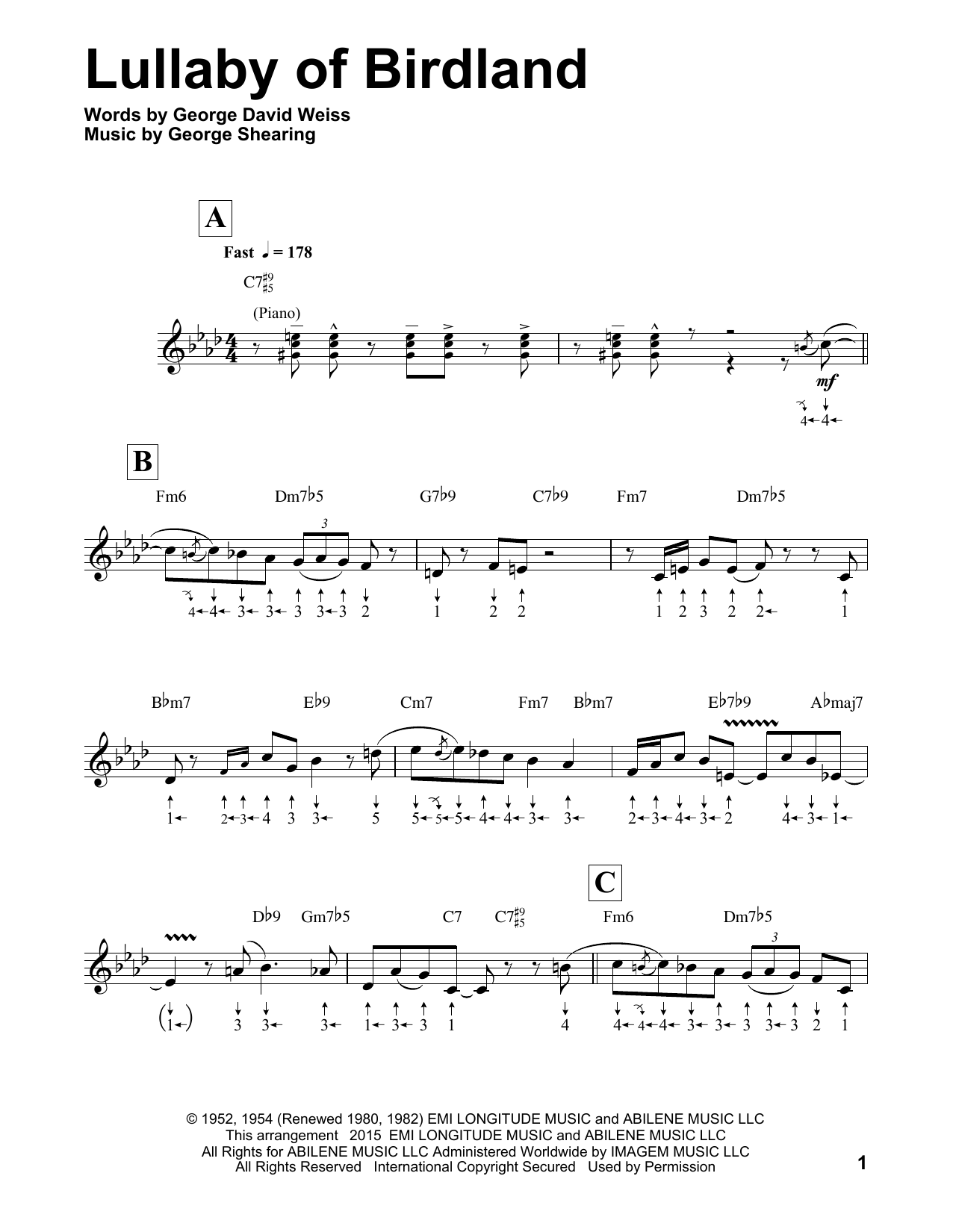 George Shearing Lullaby Of Birdland (arr. Will Galison) sheet music notes and chords. Download Printable PDF.