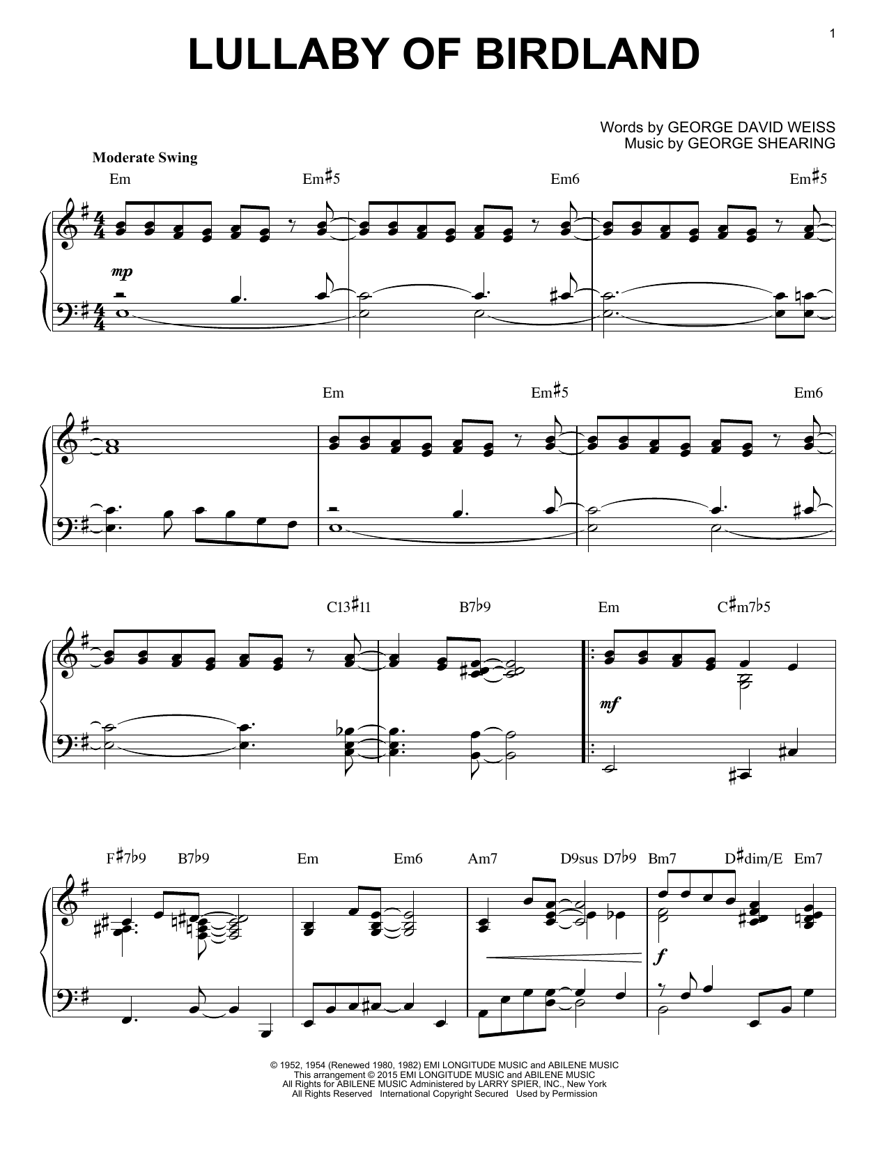 George Shearing Lullaby Of Birdland [Jazz version] (arr. Brent Edstrom) sheet music notes and chords. Download Printable PDF.