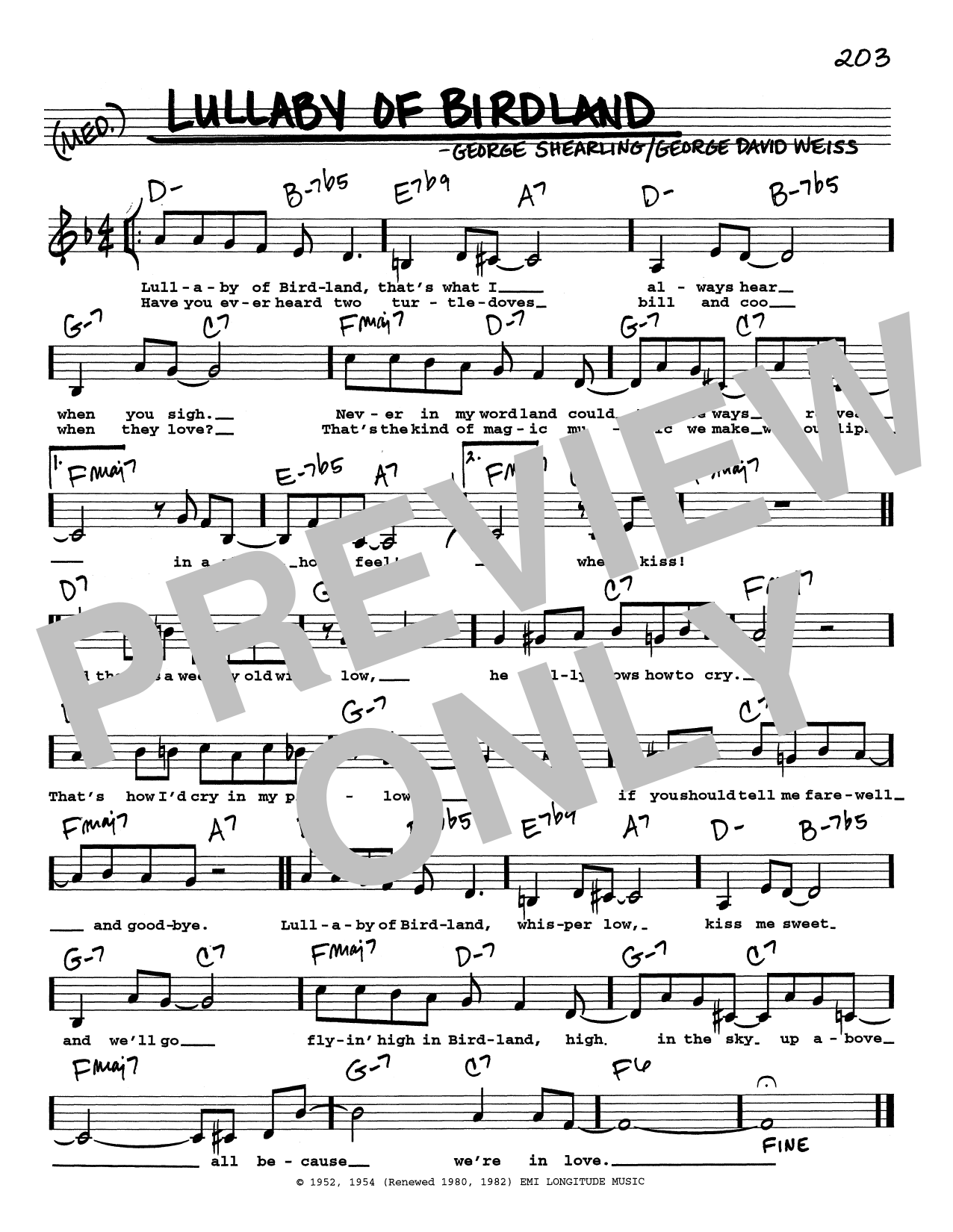 George Shearing Lullaby Of Birdland (Low Voice) sheet music notes and chords. Download Printable PDF.