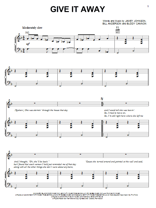 Learn to play George Strait Give It Away sheet music for Piano, Vocal & Guitar Chords (Right-Hand Melody) in minutes. Price: 7.8900$ George Strait Give It Away sheet music notes and chords arranged for Piano, Vocal & Guitar Chords (Right-Hand Melody)