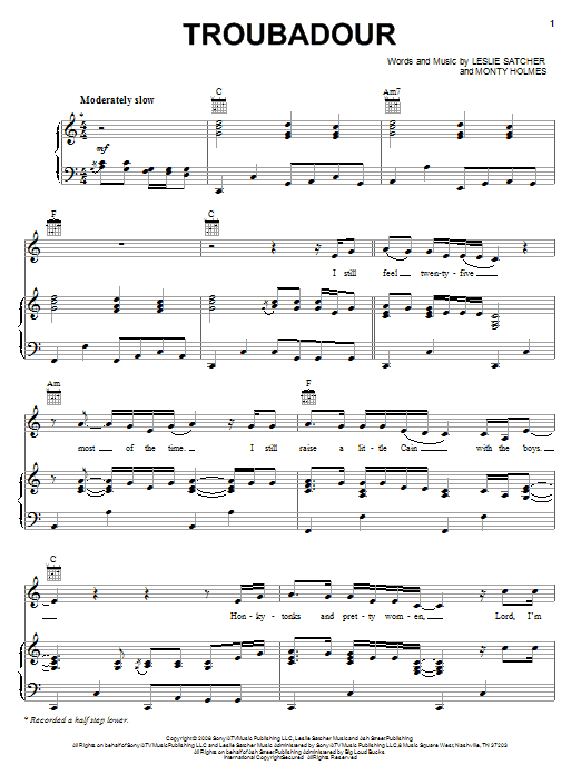 Learn to play George Strait Troubadour sheet music for Piano, Vocal & Guitar Chords (Right-Hand Melody) in minutes. Price: 7.8900$ George Strait Troubadour sheet music notes and chords arranged for Piano, Vocal & Guitar Chords (Right-Hand Melody)
