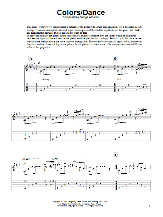 Learn to play George Winston Colors/Dance sheet music for Solo Guitar in minutes. Price: 7.8900$ George Winston Colors/Dance sheet music notes and chords arranged for Solo Guitar