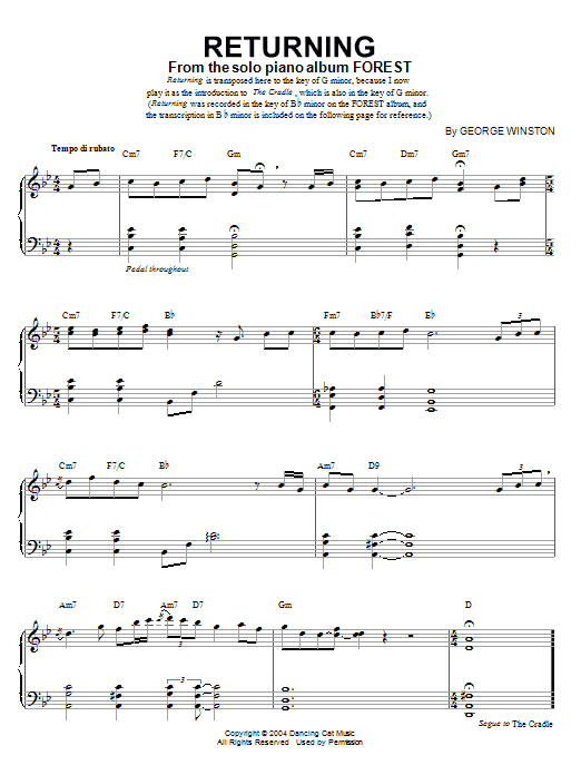 Learn to play George Winston Returning sheet music for Piano Solo in minutes. Price: 7.8900$ George Winston Returning sheet music notes and chords arranged for Piano Solo