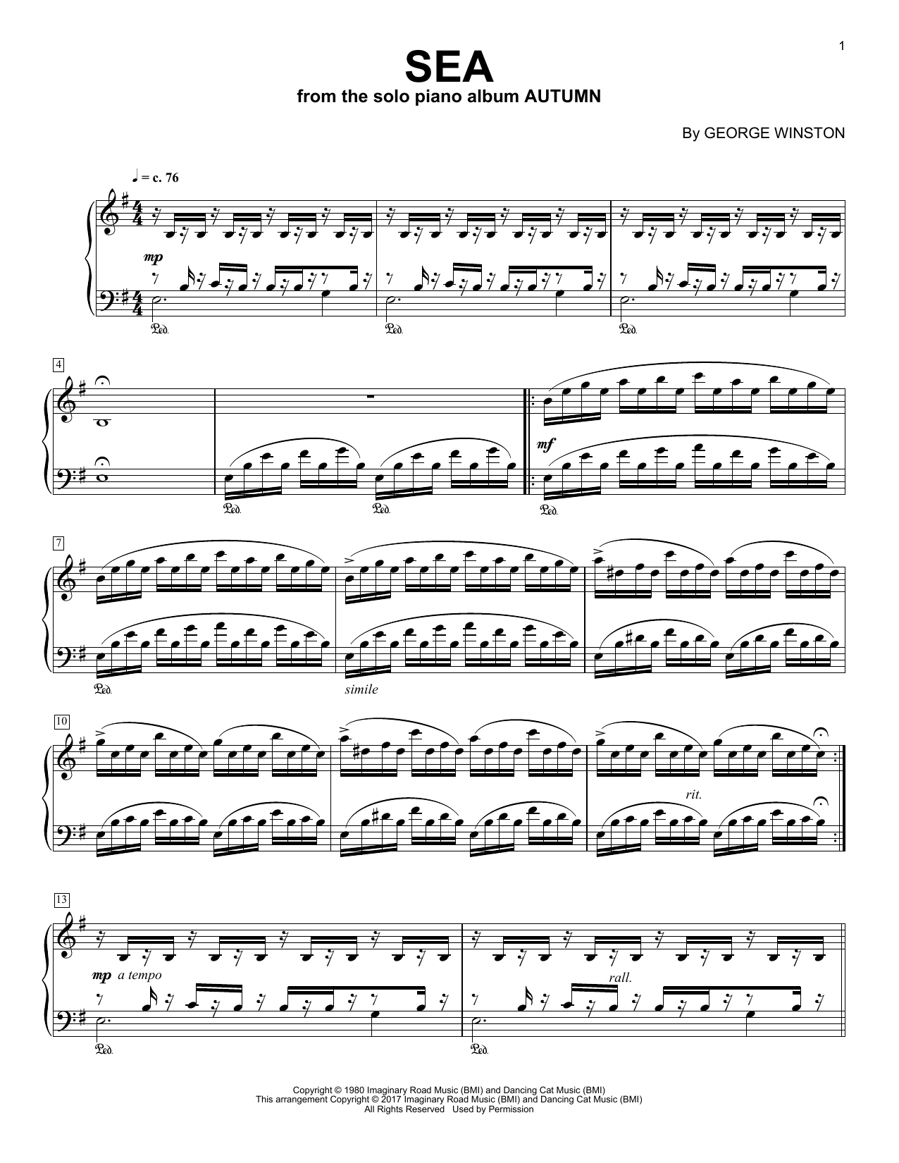 George Winston Sea sheet music notes and chords. Download Printable PDF.