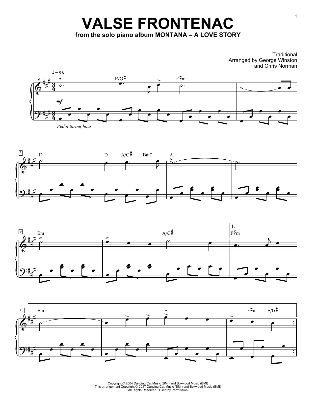 George Winston Valse De Frontenac sheet music notes and chords. Download Printable PDF.