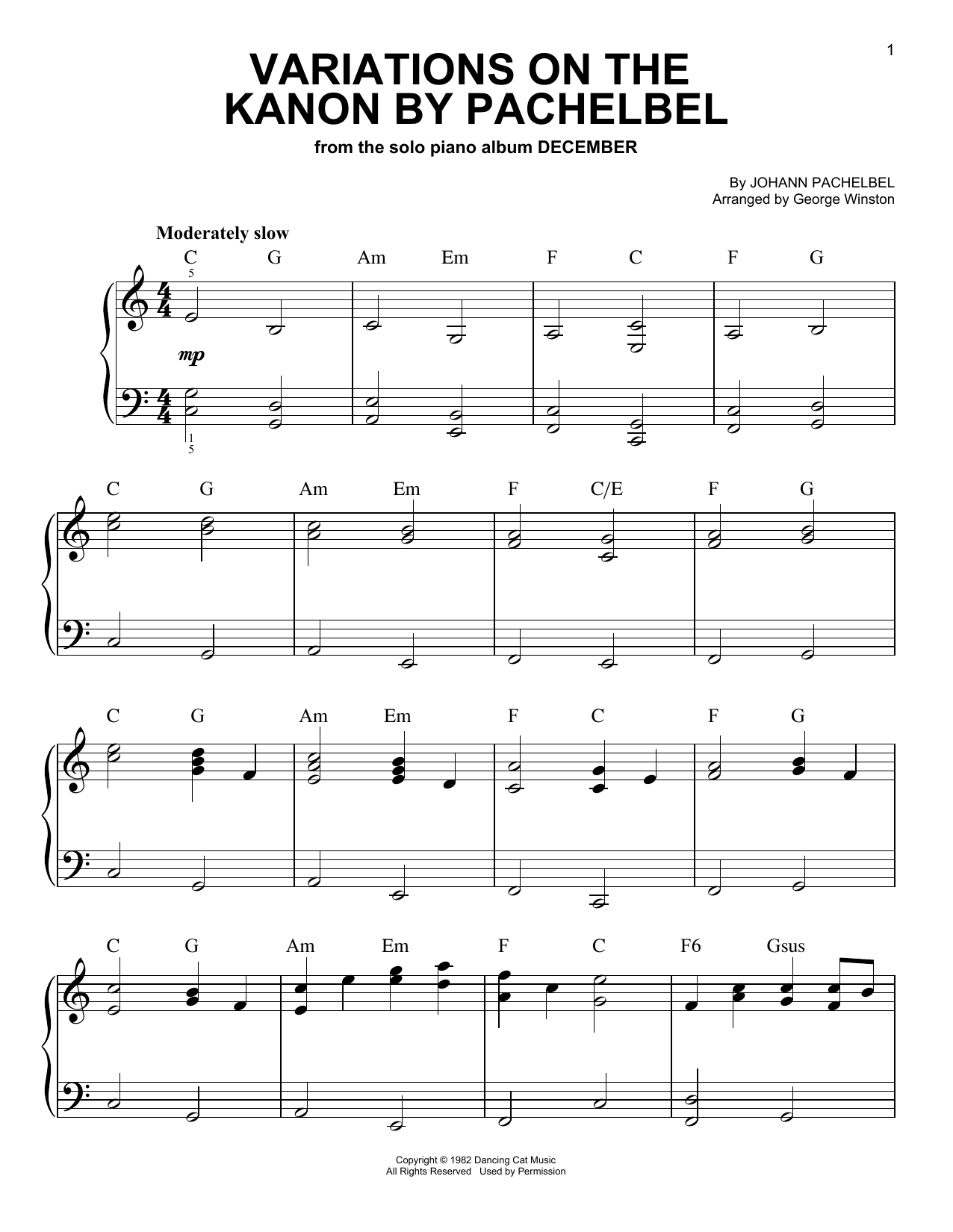 George Winston Variations On The Kanon By Pachelbel sheet music notes and chords. Download Printable PDF.