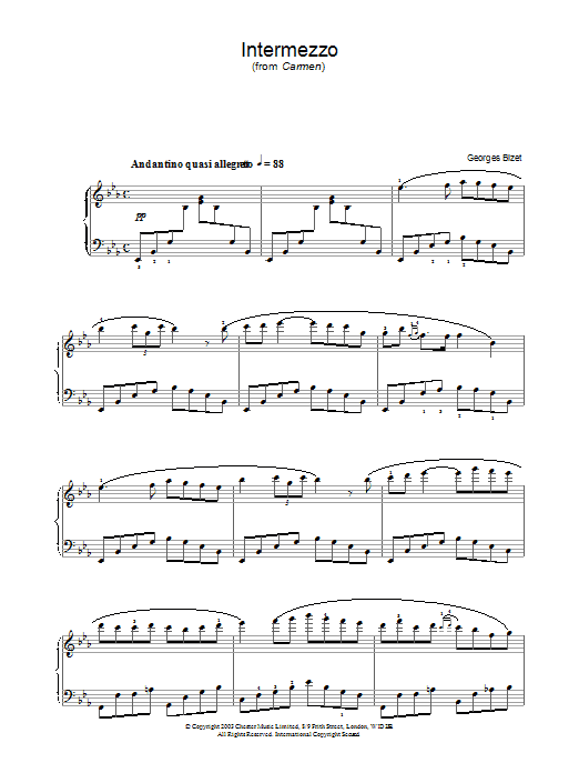 Learn to play Georges Bizet Intermezzo from Carmen Act III sheet music for Piano Solo in minutes. Price: 7.8900$ Georges Bizet Intermezzo from Carmen Act III sheet music notes and chords arranged for Piano Solo