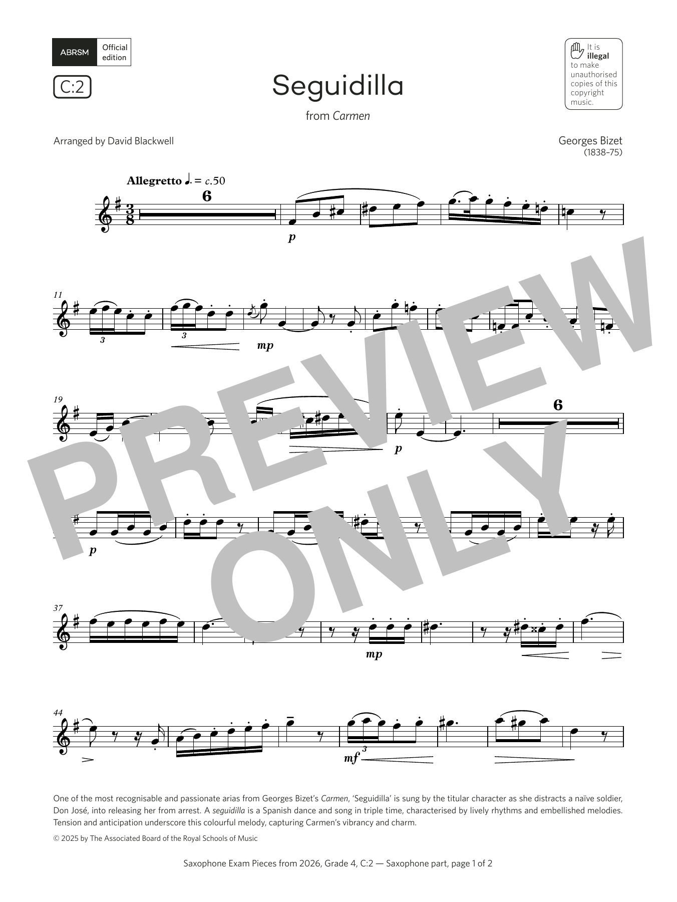 Learn to play Georges Bizet Seguidilla (Grade 4, list C2, from the ABRSM Saxophone Syllabus from 2026) sheet music for Alto Sax Solo in minutes. Price: 5.9900$ Georges Bizet Seguidilla (Grade 4, list C2, from the ABRSM Saxophone Syllabus from 2026) sheet music notes and chords arranged for Alto Sax Solo