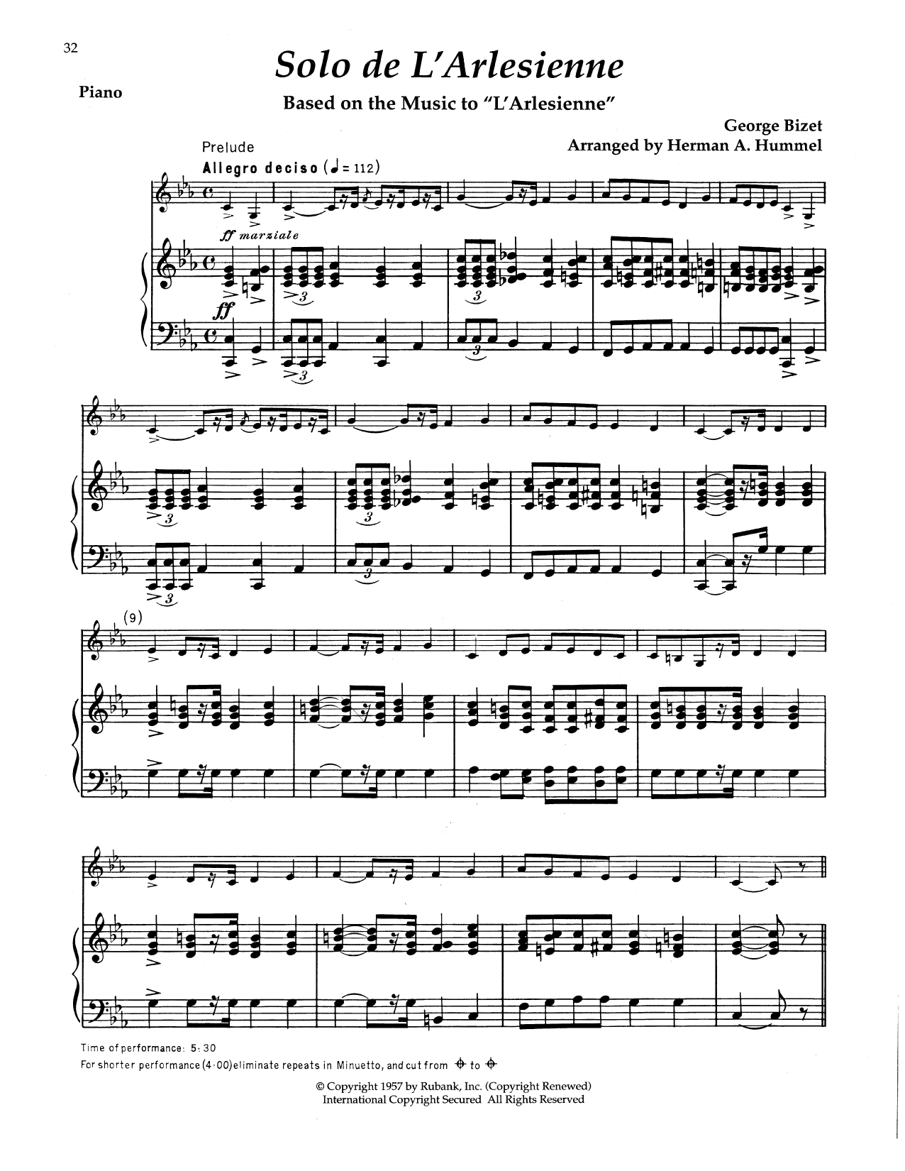 Georges Bizet Solo De L'arlesienne sheet music notes and chords arranged for Alto Sax and Piano