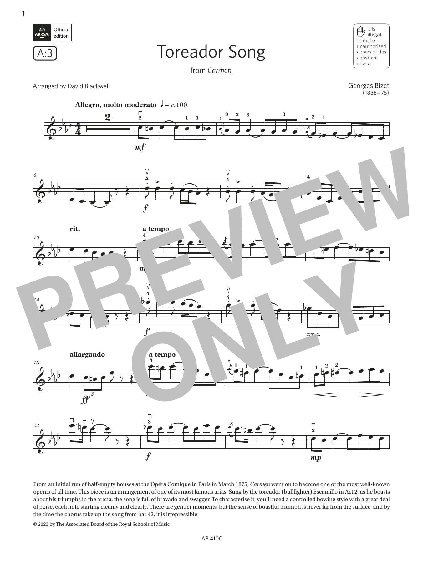 Georges Bizet Toreador Song (Grade 6, A3, from the ABRSM Violin Syllabus from 2024) sheet music notes and chords. Download Printable PDF.