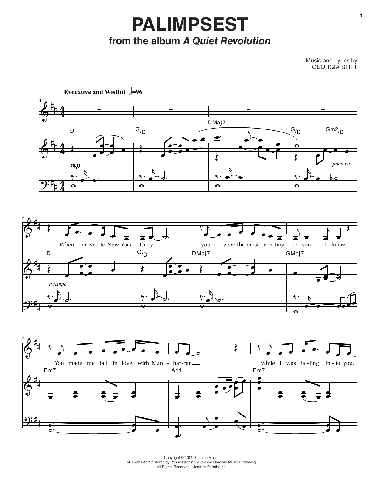 Learn to play Georgia Stitt Palimpsest sheet music for Piano & Vocal in minutes. Price: 7.8900$ Georgia Stitt Palimpsest sheet music notes and chords arranged for Piano & Vocal