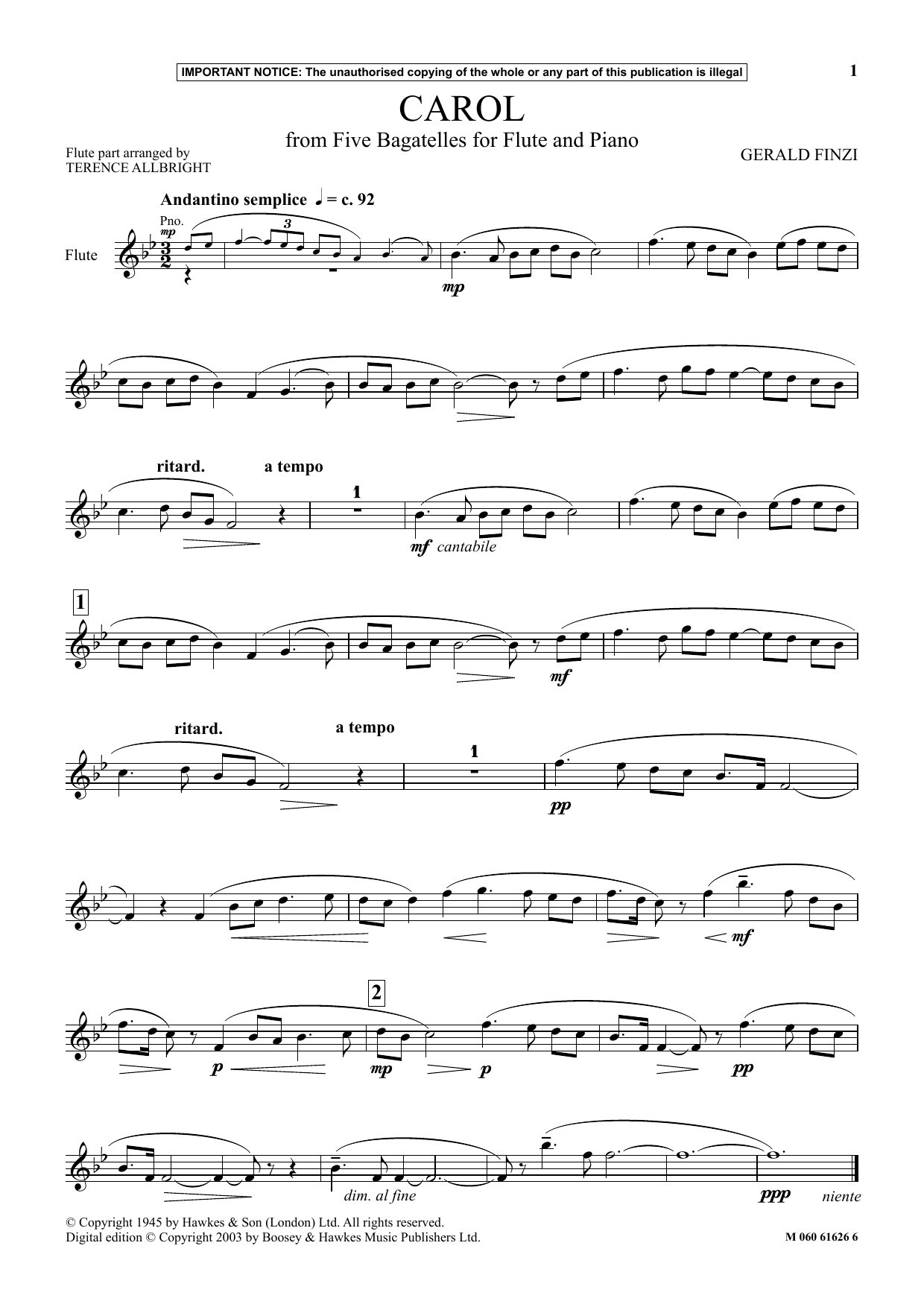 Gerald Finzi Carol (from Five Bagatelles For Flute And Piano) sheet music notes and chords. Download Printable PDF.