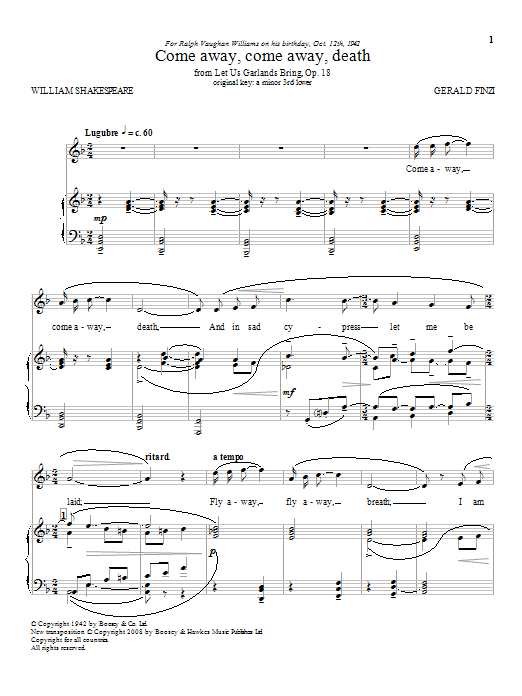 Gerald Finzi Come Away, Come Away Death sheet music notes and chords. Download Printable PDF.