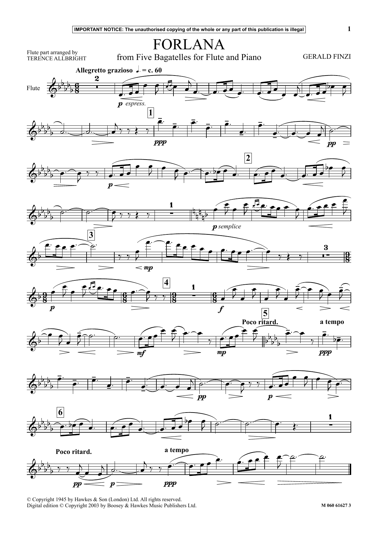 Gerald Finzi Forlana (from Five Bagatelles For Flute And Piano) sheet music notes and chords. Download Printable PDF.