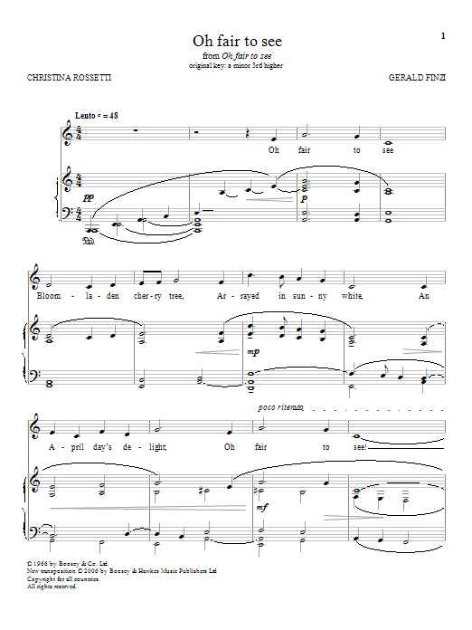 Learn to play Gerald Finzi Oh Fair To See sheet music for Piano & Vocal in minutes. Price: 7.8900$ Gerald Finzi Oh Fair To See sheet music notes and chords arranged for Piano & Vocal