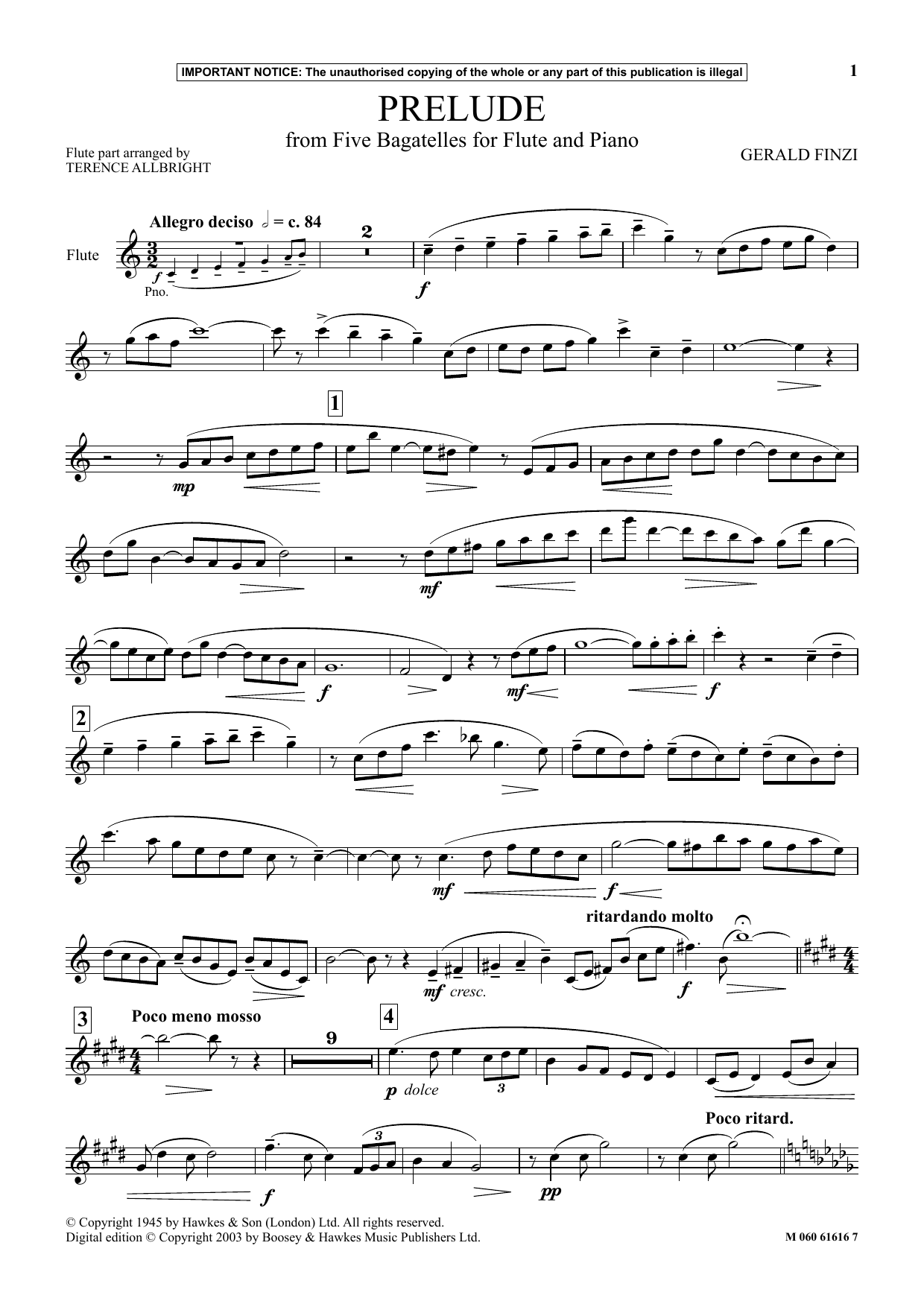 Gerald Finzi Prelude (from Five Bagatelles For Flute And Piano) sheet music notes and chords. Download Printable PDF.