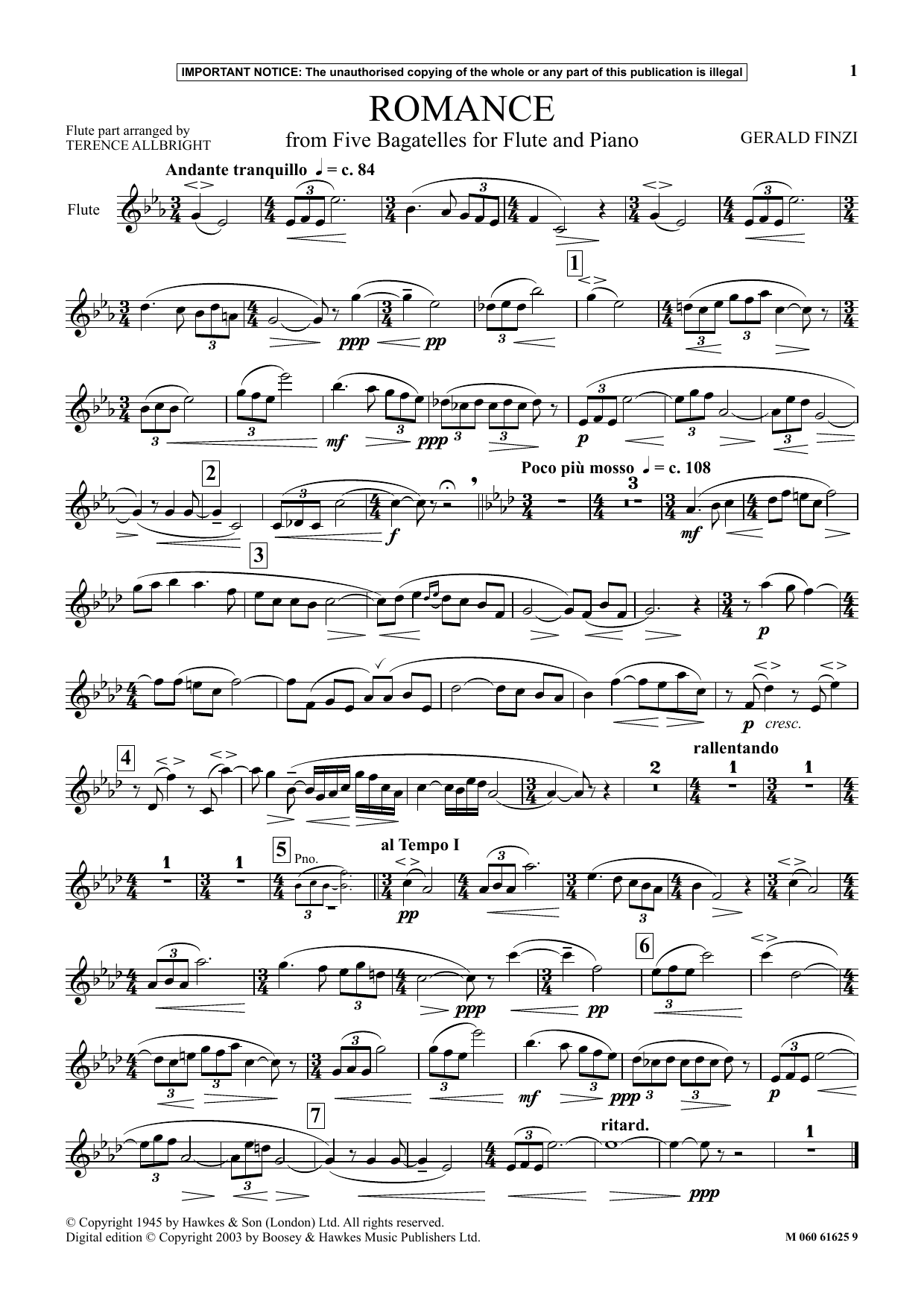 Gerald Finzi Romance (from Five Bagatelles For Flute And Piano) sheet music notes and chords. Download Printable PDF.