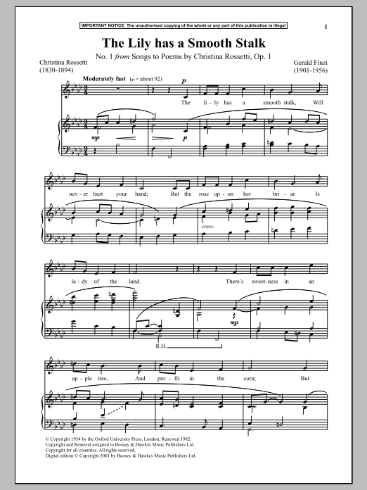 Learn to play Gerald Finzi The Lily Has A Smooth Stalk, Op. 1, No. 1 (from Songs To Poems) sheet music for Piano & Vocal in minutes. Price: 6.9900$ Gerald Finzi The Lily Has A Smooth Stalk, Op. 1, No. 1 (from Songs To Poems) sheet music notes and chords arranged for Piano & Vocal
