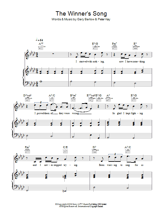 Geraldine The Winner's Song sheet music notes and chords arranged for Piano, Vocal & Guitar Chords