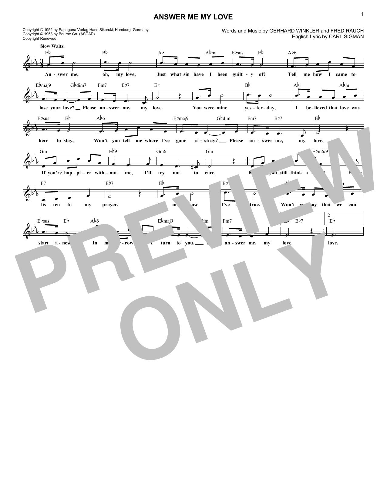 Gerhard Winkler Answer Me My Love sheet music notes and chords. Download Printable PDF.