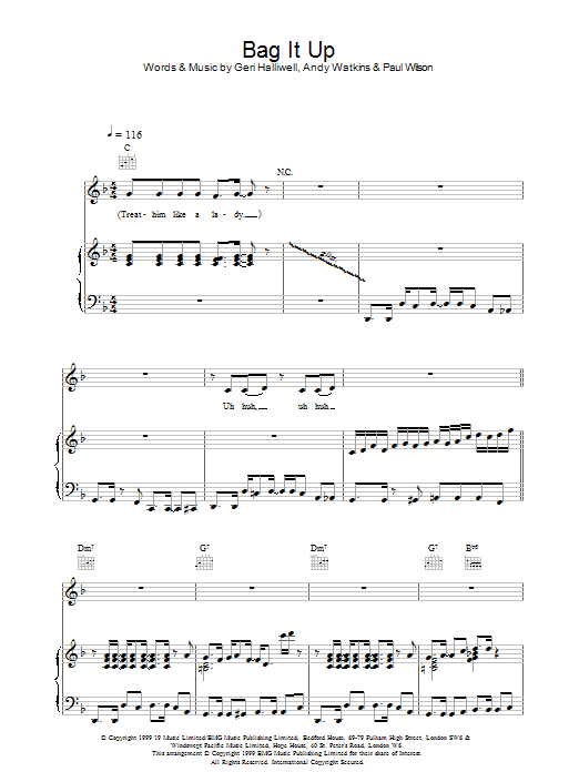 Learn to play Geri Halliwell Bag It Up sheet music for Piano, Vocal & Guitar Chords in minutes. Price: 7.8900$ Geri Halliwell Bag It Up sheet music notes and chords arranged for Piano, Vocal & Guitar Chords