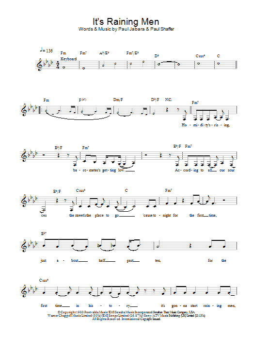 Learn to play Geri Halliwell It's Raining Men sheet music for Lead Sheet / Fake Book in minutes. Price: 5.9900$ Geri Halliwell It's Raining Men sheet music notes and chords arranged for Lead Sheet / Fake Book