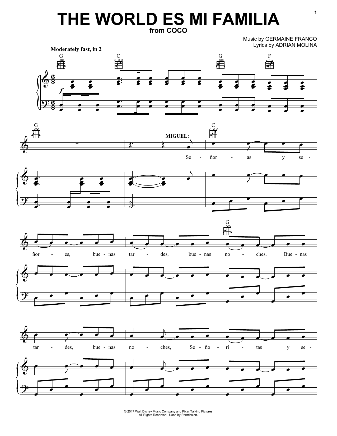 Germaine Franco & Adrian Molina The World Es Mi Familia (from Coco) sheet music notes and chords. Download Printable PDF.