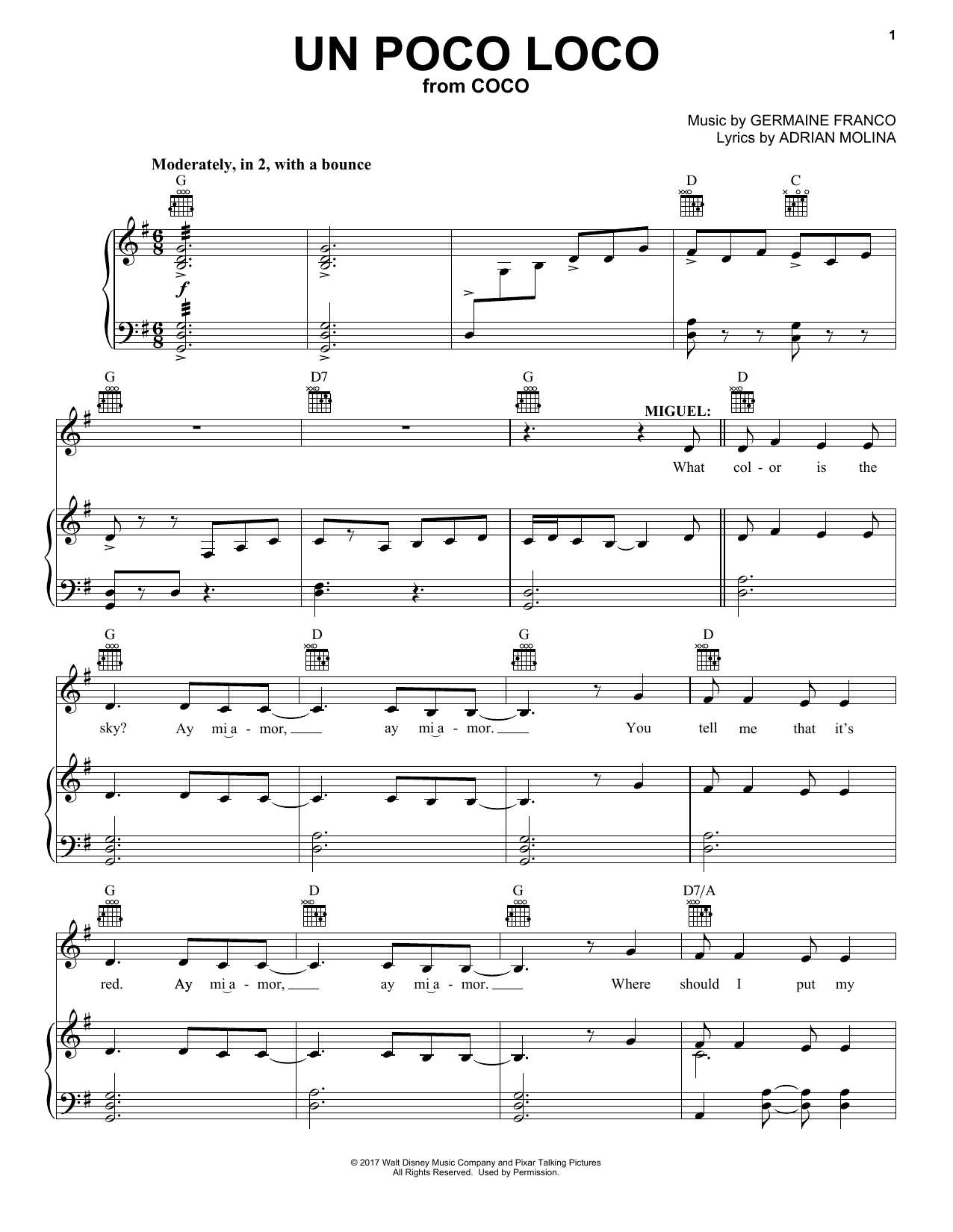 Germaine Franco & Adrian Molina Un Poco Loco (from Coco) sheet music notes and chords. Download Printable PDF.