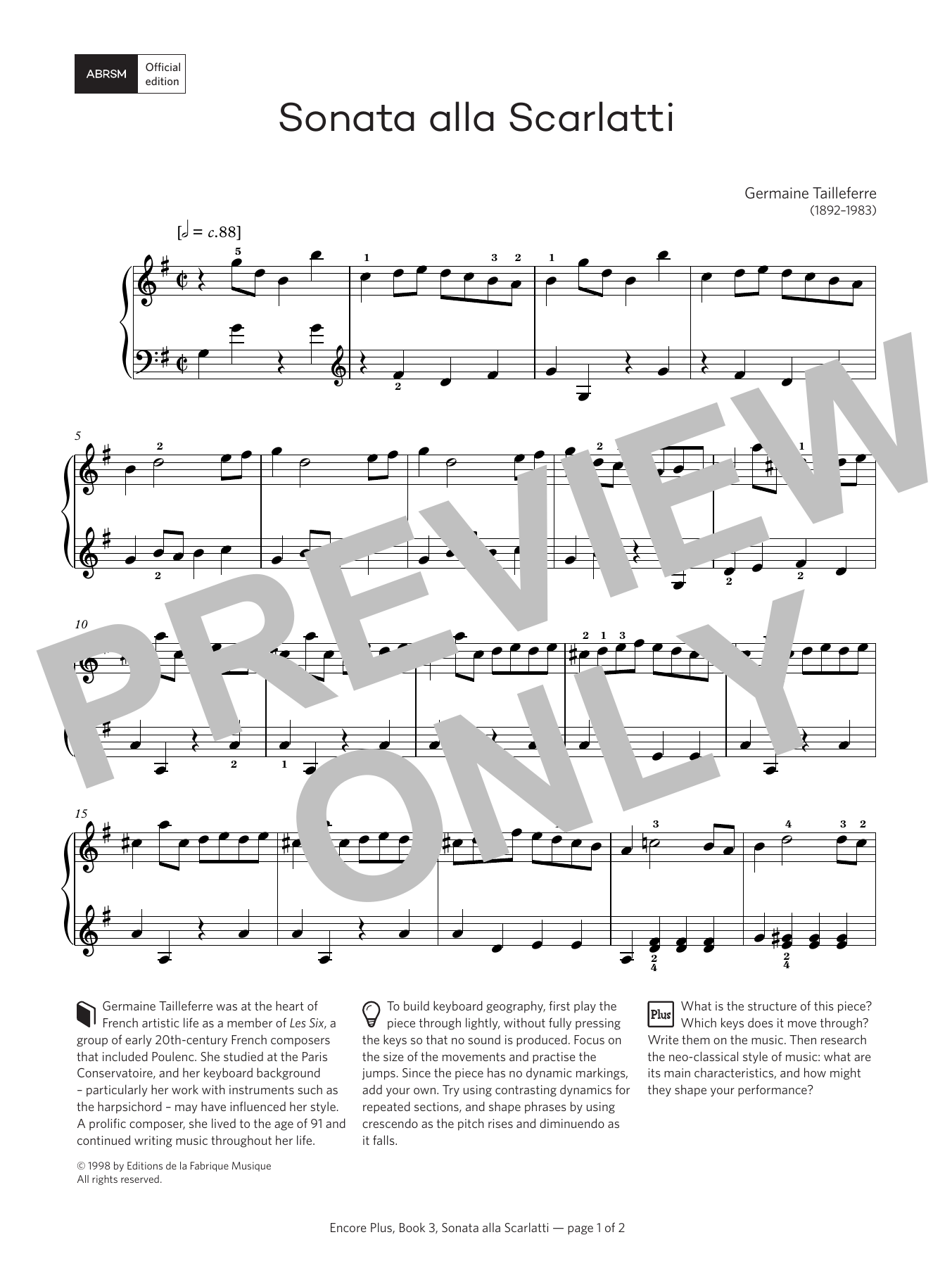 Germaine Tailleferre Sonata alla Scarlatti (Encore Plus, Book 3) sheet music notes and chords arranged for Piano Solo
